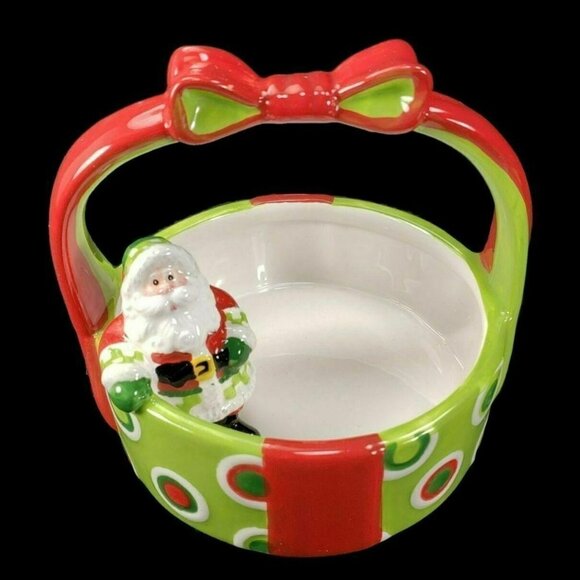 Fitz and Floyd Basket Bowl Holiday‎ Cheer Handle Cookie Candy Dish With Santa - Picture 1 of 12